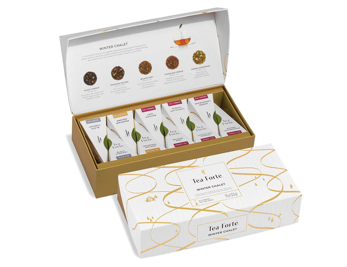 Winter Chalet Petite Presentation Box of 10 pyramid infusers, with lid open and closed.