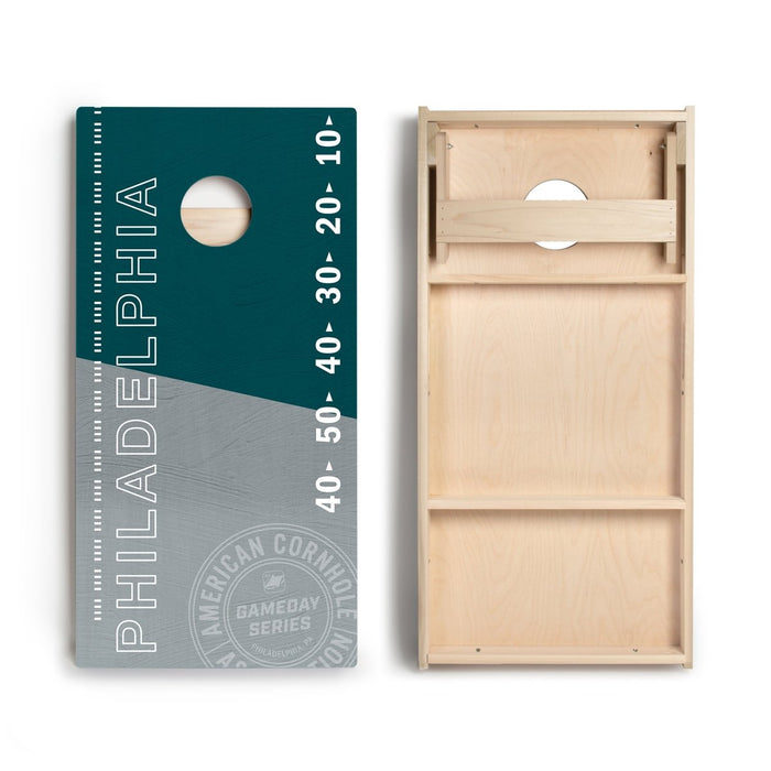 Front and back view of Philadelphia Football Gameday Stadium Star Cornhole Boards showing premium playing surface and bounce-reducing bracing.