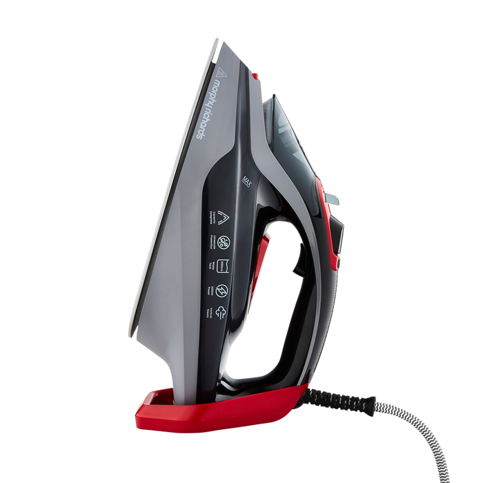 A Morphy Richards 3000W LED Steam Iron with a ceramic sole plate and a red and black color scheme.