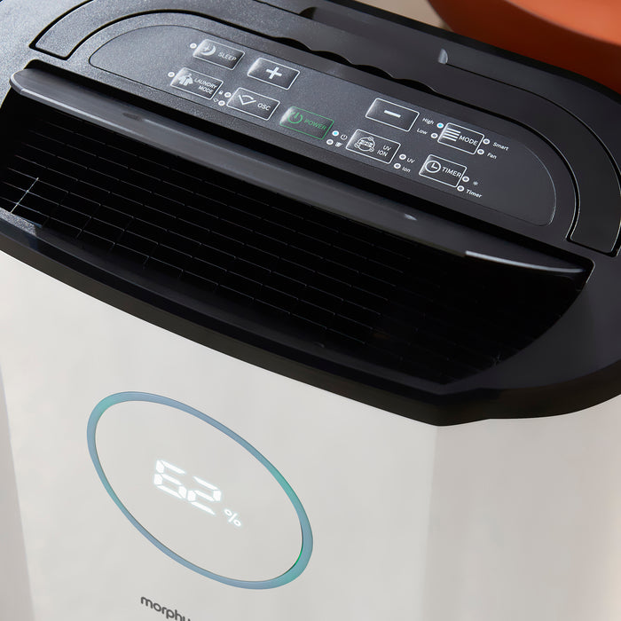 Close-up of a dehumidifier with control panel and digital display.