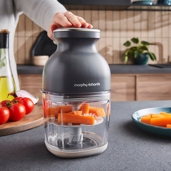 Morphy Richards chopper with carrots on a kitchen counter