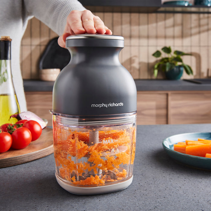 Morphy Richards chopper with chopped carrots on a kitchen counter