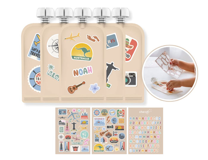 Reusable Food Pouches 150ml 5PK with 130+ Personalized Name & Picture Stickers | BIG EXPLORER