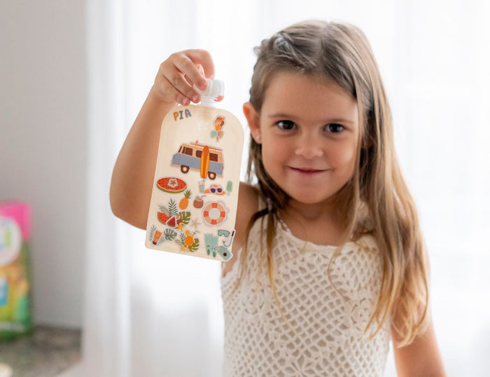 Reusable Food Pouches 150ml 5PK with 130+ Personalized Name & Picture Stickers | BIG EXPLORER