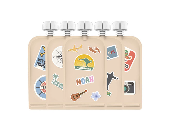 Reusable Food Pouches 150ml 5PK with 130+ Personalized Name & Picture Stickers | BIG EXPLORER