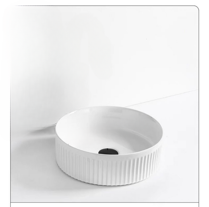 Round Above Counter Top Basin with Vertical Grooves - White