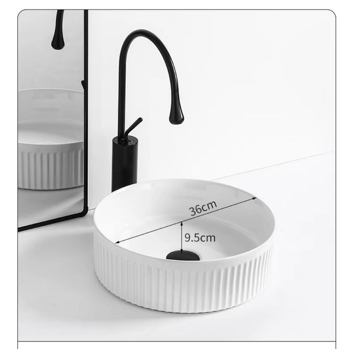 Round Above Counter Top Basin with Vertical Grooves - White