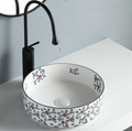 Round Above Counter Wash Basin c/w Waste - White with Flower Pattern