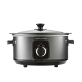 A black Morphy Richards Sear & Stew 6.5L hinged lid slow cooker with a front-facing control dial and two handles.