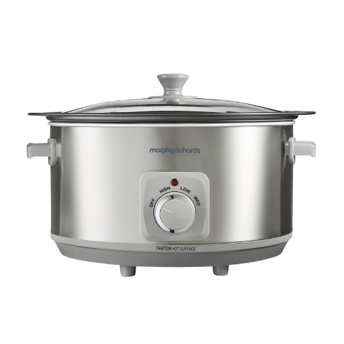A brushed stainless steel Morphy Richards slow cooker with a white control dial and buttons on the front.