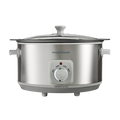A brushed stainless steel Morphy Richards slow cooker with a white control dial and buttons on the front.