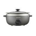 A gray Morphy Richards Sear & Stew Oval 6.5L Slow Cooker with a glass lid and a knob on the front.