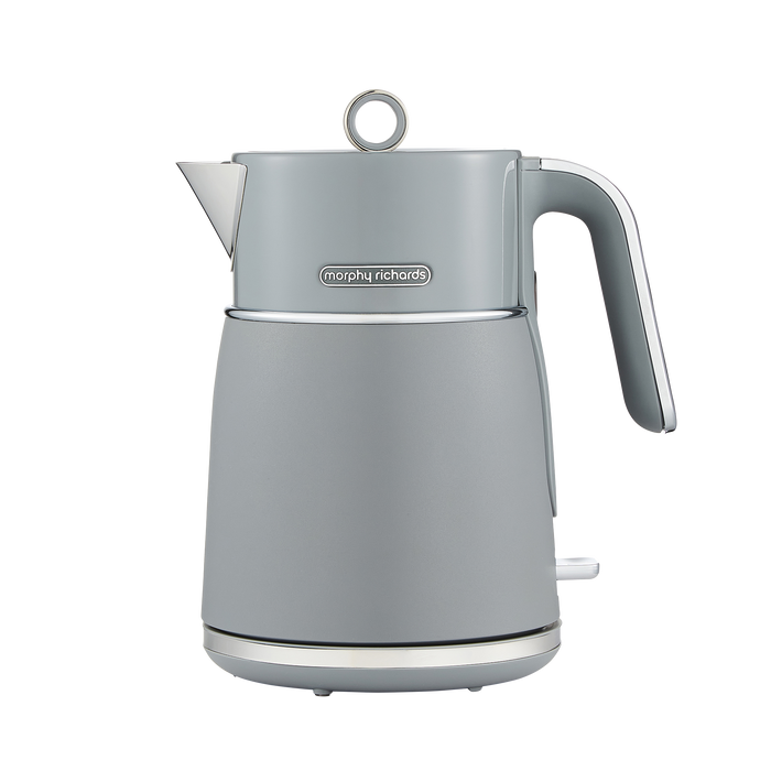 Grey electric kettle with a visible Morphy Richards brand logo on a white background