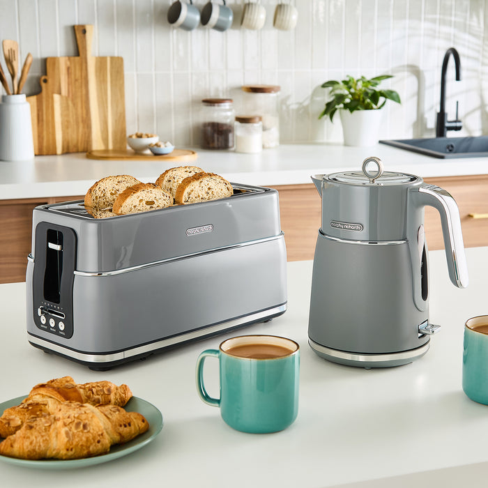 Kitchen scene with a grey kettle and toaster set