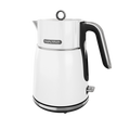 A white electric kettle with a black handle and spout cap, featuring a 360-degree base and blue light accents.