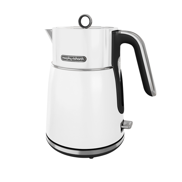 A white electric kettle with a black handle and spout cap, featuring a 360-degree base and blue light accents.