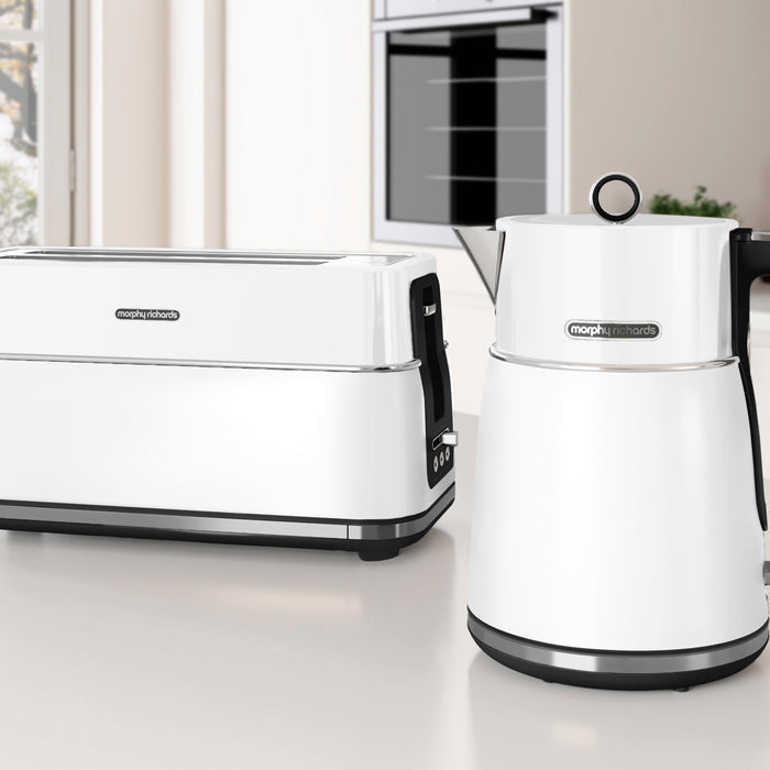 white kettle and toaster set in a kitchen
