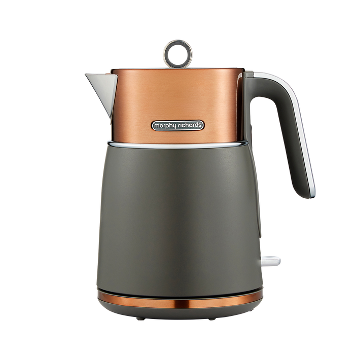 Grey and copper electric kettle with Morphy Richards logo on a white background