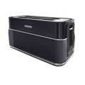 A blue 4-slice toaster with extra-long slots, variable browning controls, and a removable crumb tray.