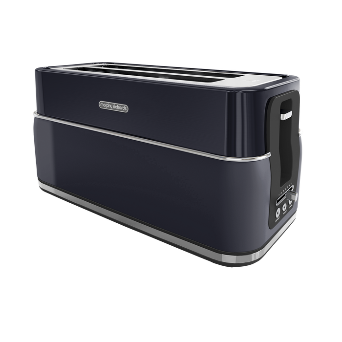 A blue 4-slice toaster with extra-long slots, variable browning controls, and a removable crumb tray.