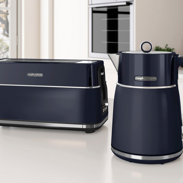 navy kettle and toaster set in kitchen