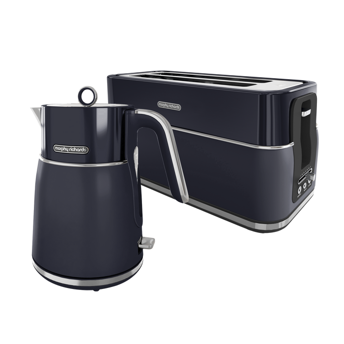 A set of matching Signature matt blue kettle and toaster with a 360-degree base, variable browning controls, and a built-in cord tidy.