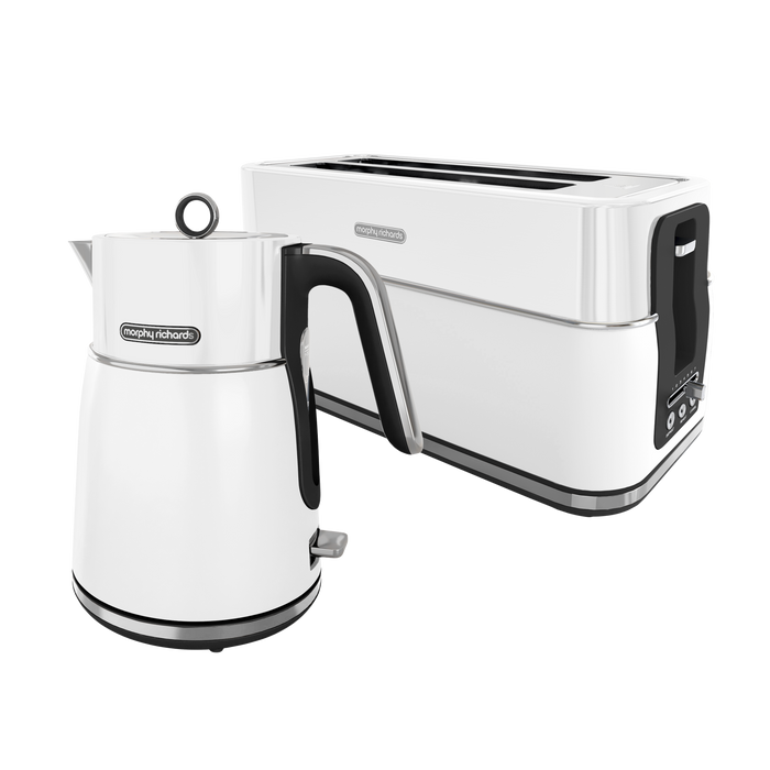 A white electric kettle and toaster set, with the kettle to the left and the toaster to the right. Both appliances have a modern design with minimal embellishments.