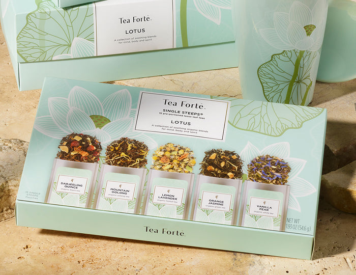 MAIN PDP | Lotus Single Steeps Sampler of 15 loose tea pouches, closed with other Lotus products
