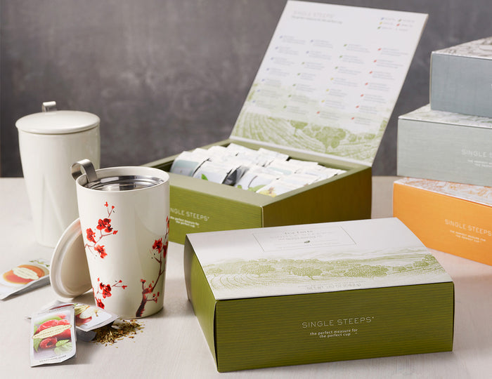 MAIN PDP | Single Steeps tea assortment on table with KATI Cups