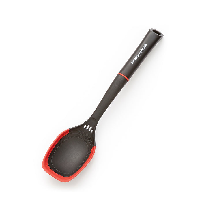 Black and red solid spoon on a white background