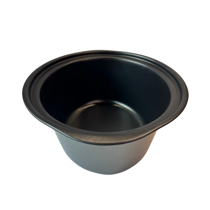 A black aluminum slow cooker pot designed to fit various models of slow cookers.