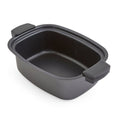 Black rectangular multicooker dish with handles on a white background