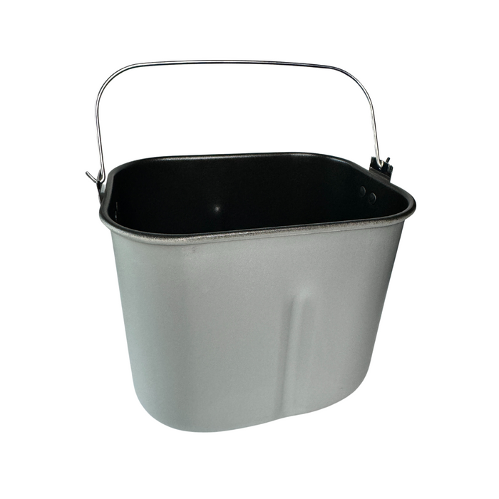A spare bread maker baking pan with a grey exterior and black interior, featuring a carrying handle.