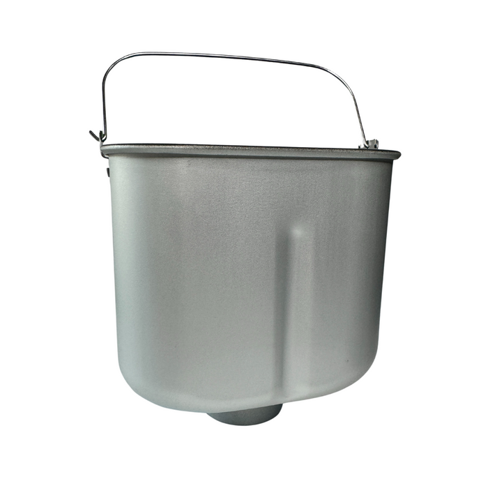 A spare bread maker baking pan with a grey exterior and black interior, featuring a carrying handle.