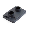 Grey plastic component with two cylindrical holes on a white background
