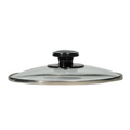 Glass lid with black handle on a white background