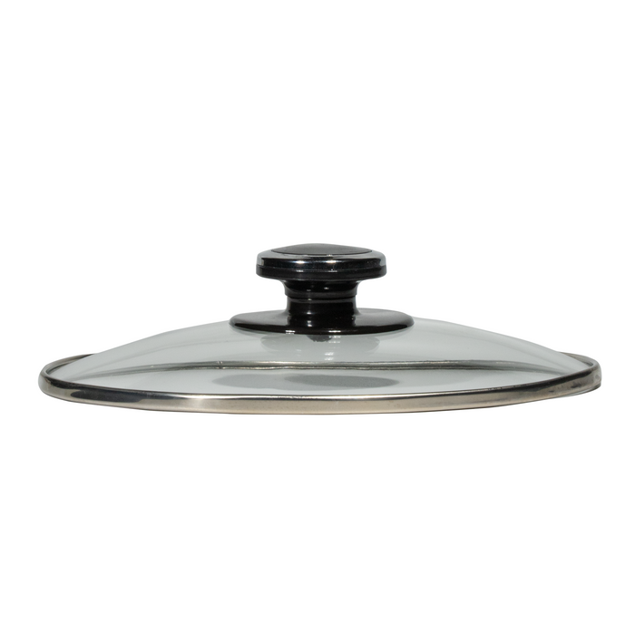 Glass lid with black handle on a white background