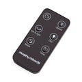 Black remote control with white icons and text on a white background, featuring the Morphy Richards brand.