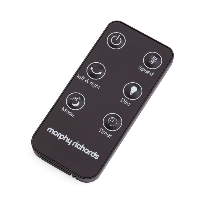 Black remote control with white icons and text on a white background, featuring the Morphy Richards brand.