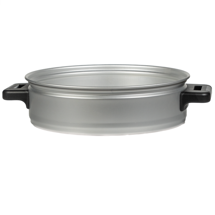 Metal pot with black handles on a white background