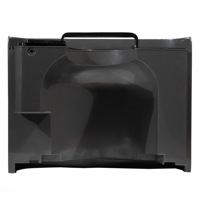 Black plastic container with a handle on a white background