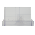 Clear plastic display case with purple frame on a white background
