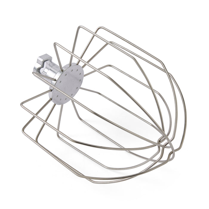 Metal mixing attachment on a white background