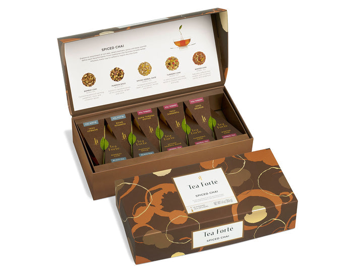 Spiced Chai tea assortment in a 10 count petite presentation box with lid open and closed