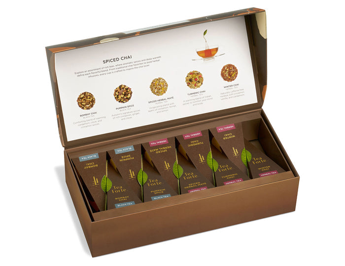 Spiced Chai tea assortment in a 10 count petite presentation box with lid open