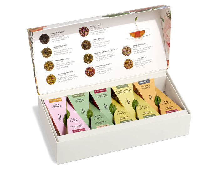Jubilee Petite Presentation Box of 10 pyramid teas, lid open