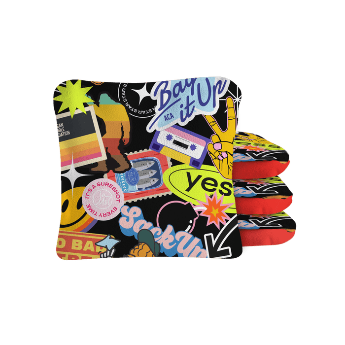 Sticker Bomb Lock Shot Cornhole Bags with dual-sided microsuede control fabric by the American Cornhole Association.
