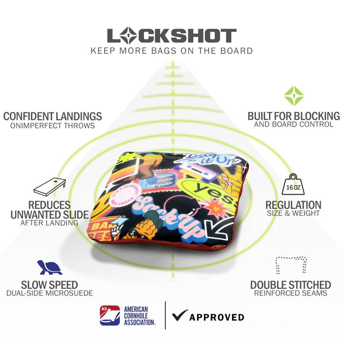 Sticker Bomb Lock Shot Cornhole Bags feature graphic highlighting forgiving landings, board control, dual-sided slow-speed fabric, and ACA regulation approval.