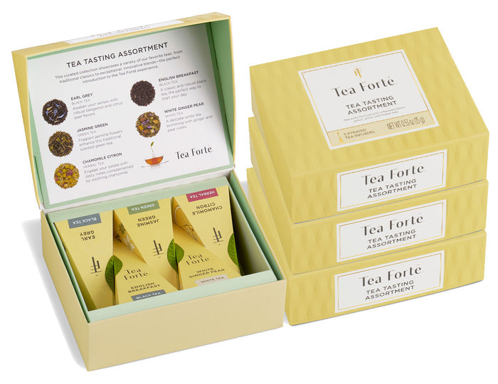 Tea Tasting Assortment Mini Petite 4pk, one box open, the other 3 stacked