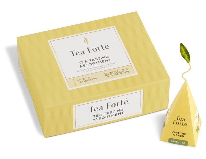 Tea Tasting Assortment Mini Petite Presentation Box, closed with pyramid, includes 5 pyramid infusers